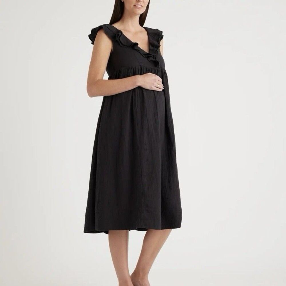 Quince Organic Cotton Gauze Ruffle Front Maternity Dress Black Size XS